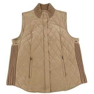 Wms Diamond Quilted Mock Neck Vest L Tan Khaki Pockets Full Zip Ribbed Knit Side